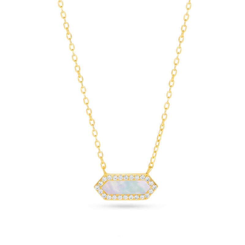 Mother of Pearl East West Cubic Zirconia Halo Pendant in Gold Plated Sterling Silver image number null